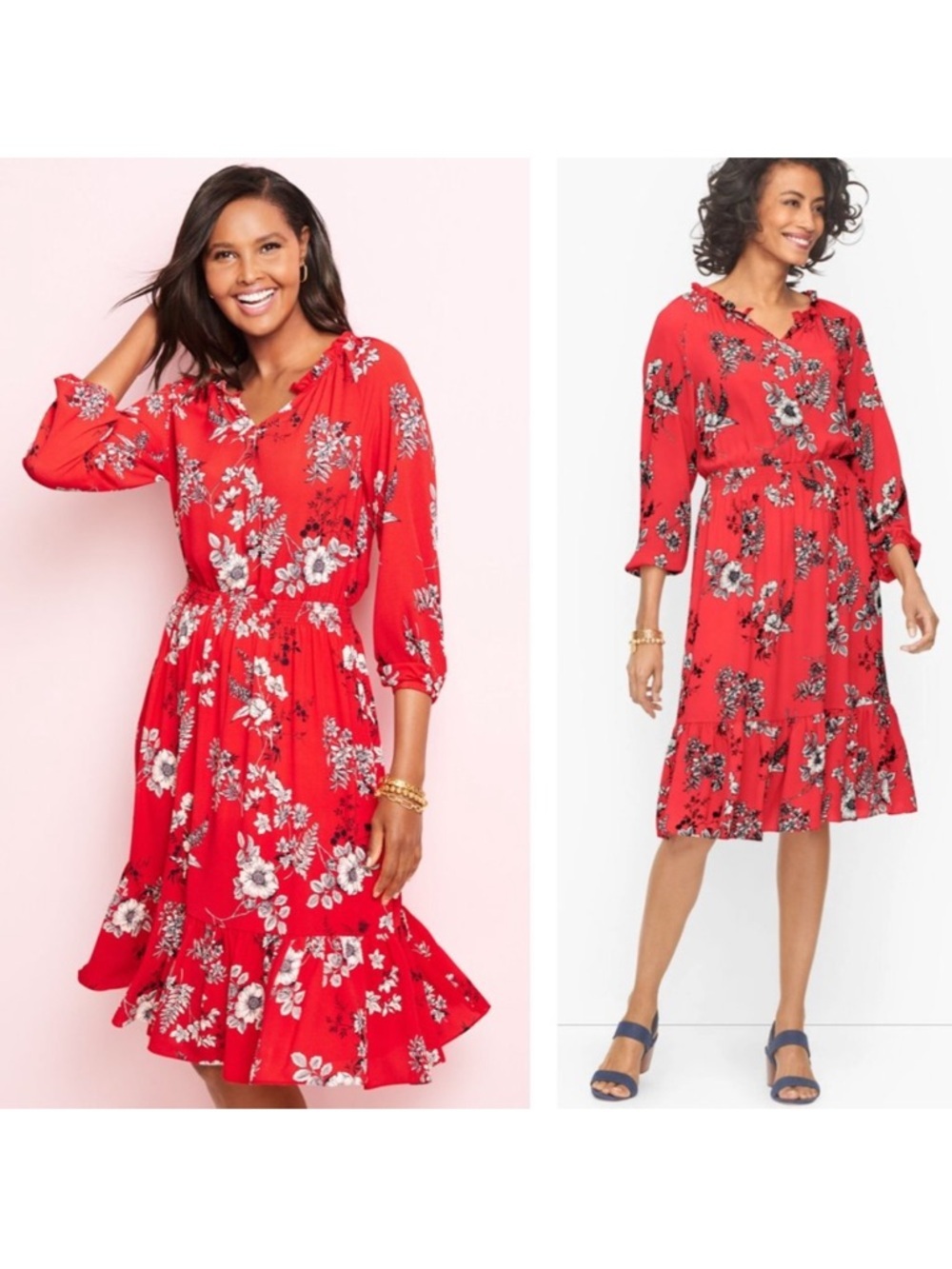 Talbots Petite Red Floral Fit Flare Split Neck Smocked Dress SZ Medium Petite
